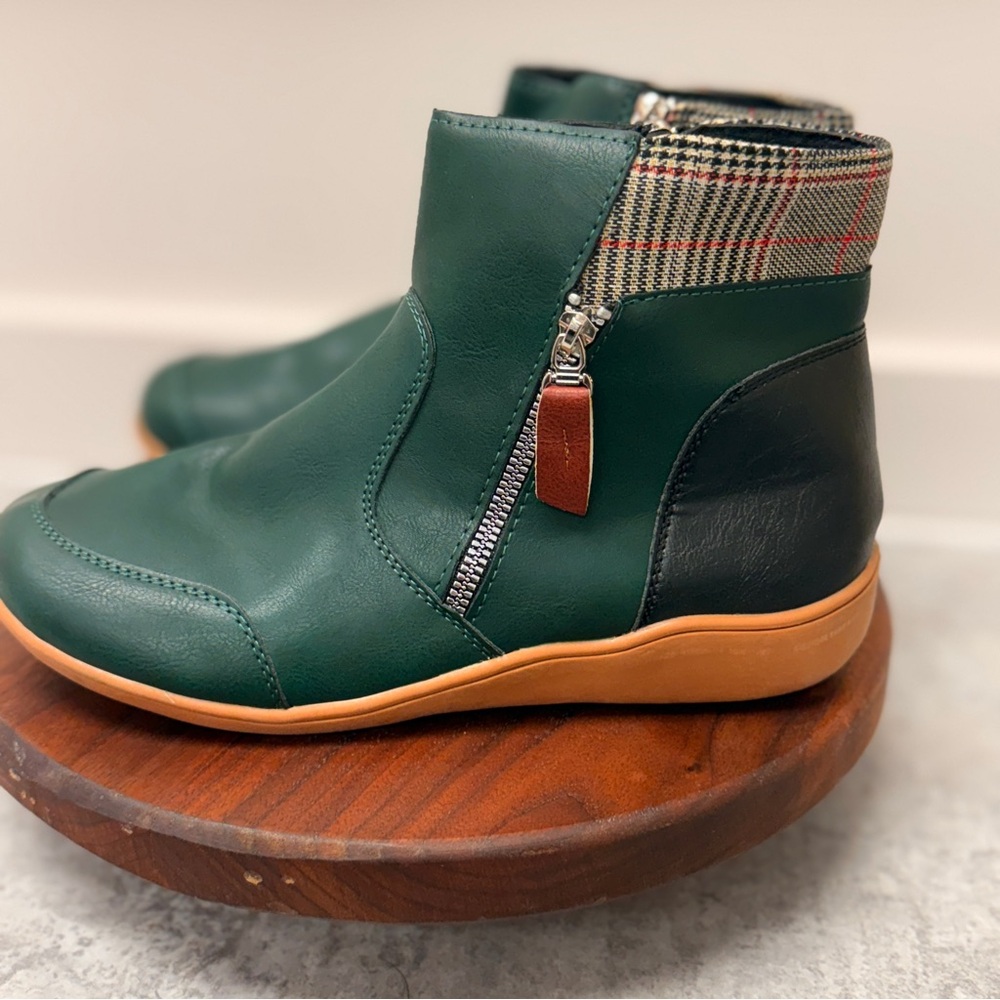 Green Black‎ Plaid Trim Faux Leather Ankle Boots Flat Side Zip Booties